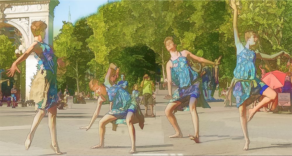 Photo manipulation to show four versions of dancer in Washington Square Park, New York City.