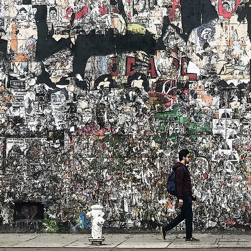 urban, hipster, man walking, peeling wall, mission street, San Francisco, fire hydrant, 