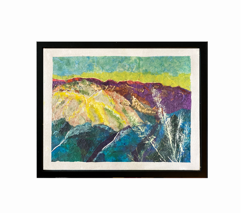 Collage, mulberry paper, death valley, desert plants, purple mountains