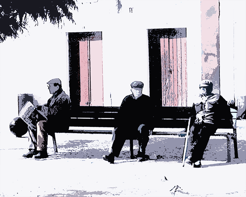men in berets, bench, photo art.