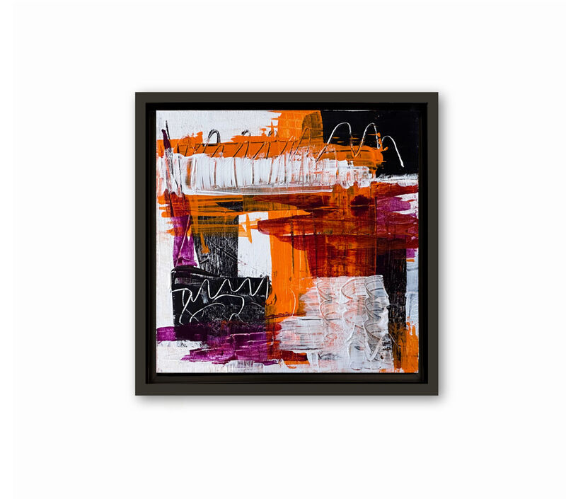 orange and purple, black and white, high contrast, right angles, small square, abstract urban landscape