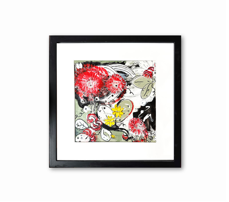 floral abstract framed acrylic painting.  red, green, yellow, silver